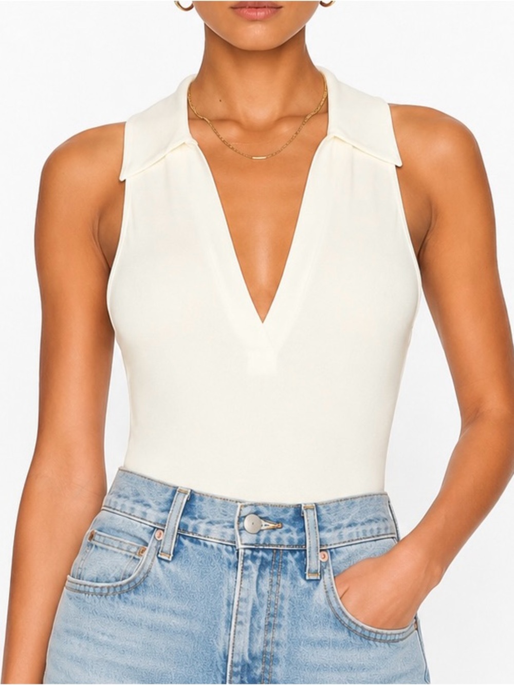 House of Harlow 1960 Ivory Deep V Collared Bodysuit L BNWT Stretch